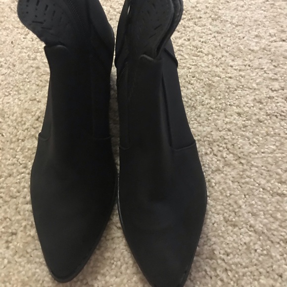 Black Laser Cutout Vegan Leather Heel Ankle Boots - Picture 6 of 8